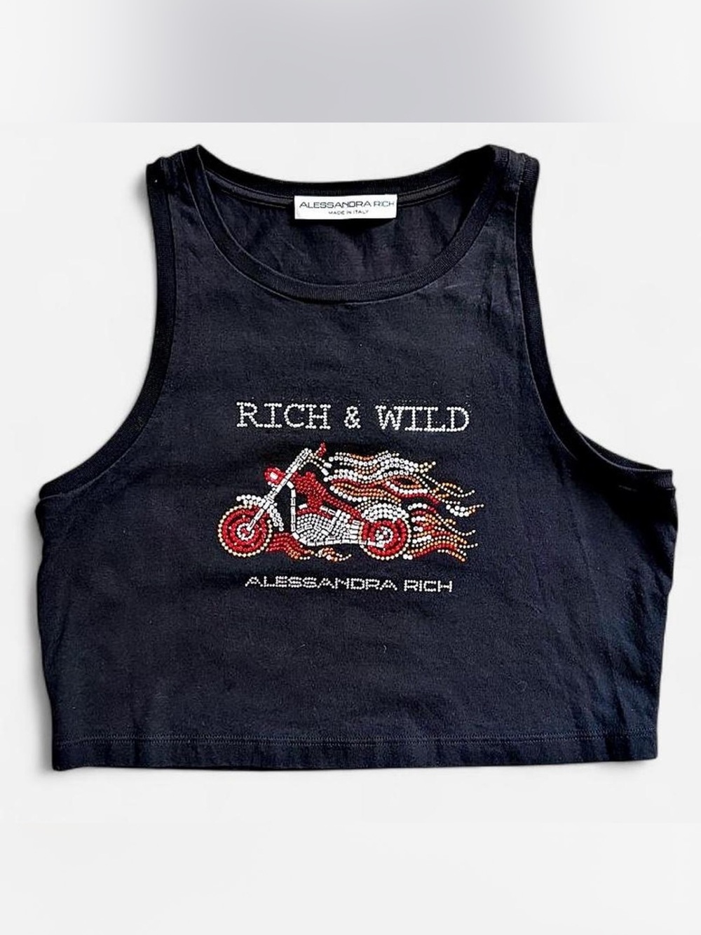 Alessandra Rich Rich & Wild Rhinestone Motorcycle Crop Tank Top L